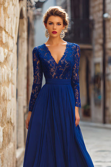 Dark Blue A-Line V-Neck Long Sleeve Mother Of The Bride Dress With Lace